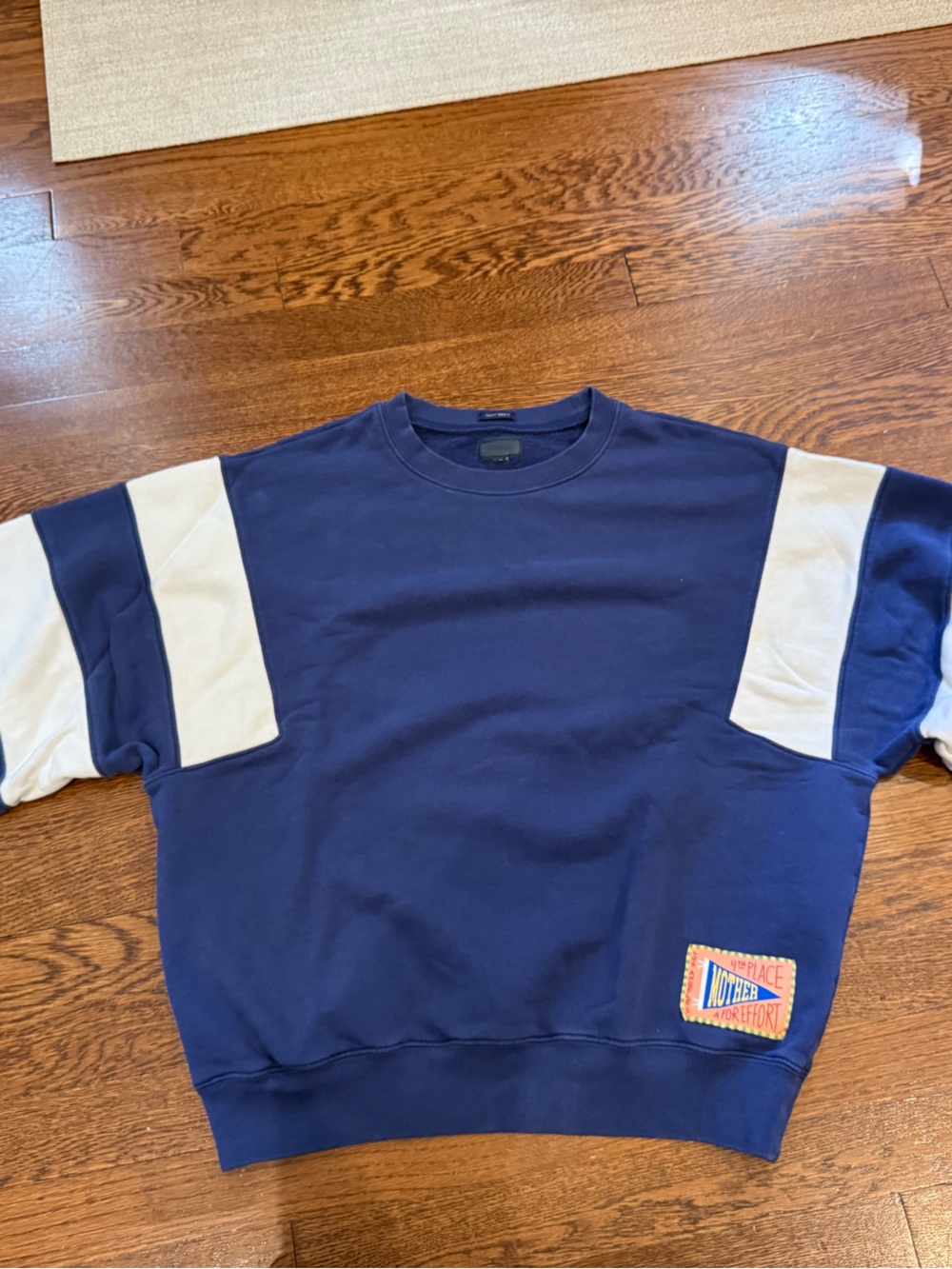 MOTHER Navy Crewneck Sweatshirt with White Sleeve Panels